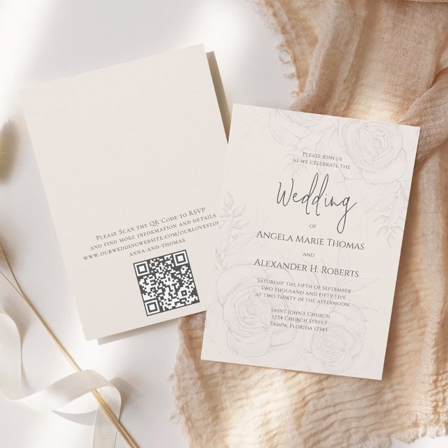 Convites Código QR de Script de Caligrafia Floral Elegante  (Elegant blush floral wedding invitation with elegant calligraphy script. with QR Code. )