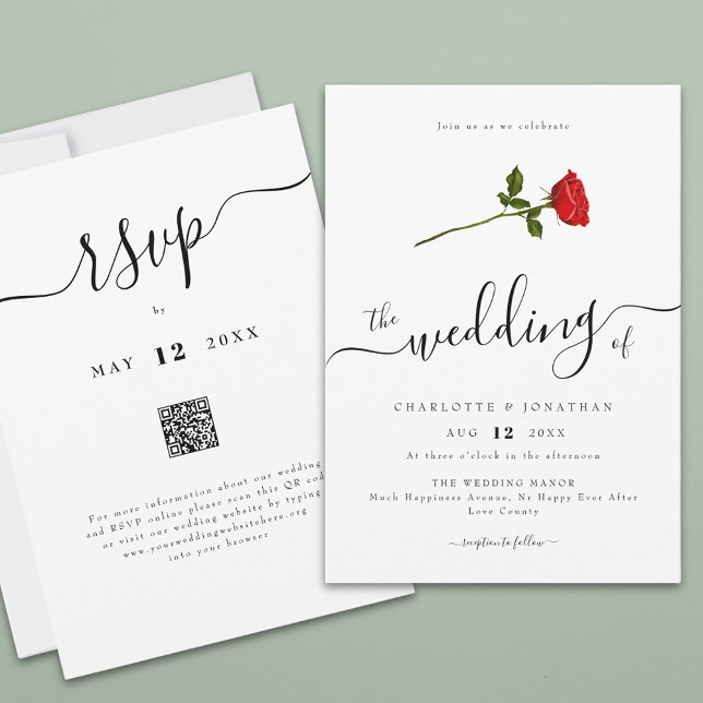 Convites Código QR de Script Elegante de Rosa vermelha Simp (Simple red rose watercolor flower elegant script wedding qr code invitation Modern romantic )
