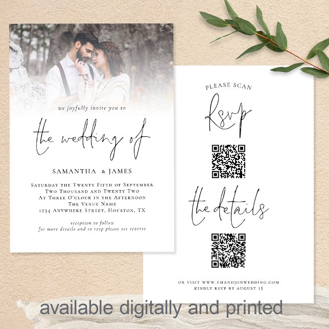 Convites Código QR de Script Moderno 2 Foto Casamento Tudo  (Front and Back view. Available digitally and printed. Part of a large matching collection)