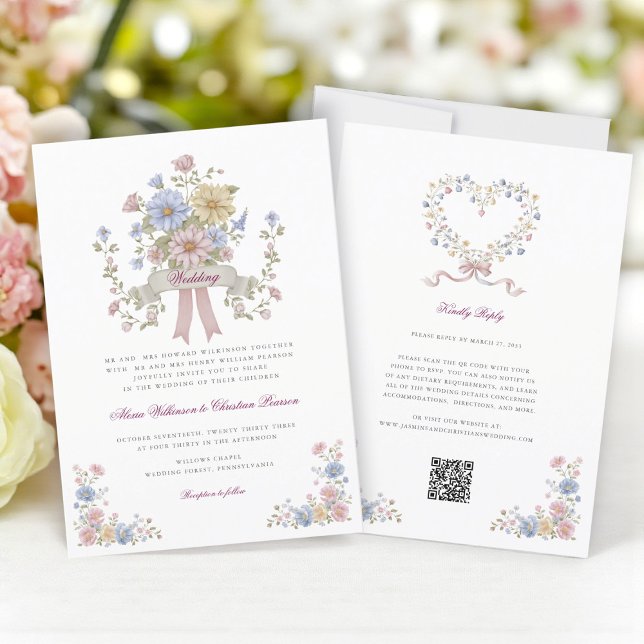 Convites Código QR de site de casamento floral simples tudo (Criador carregado)