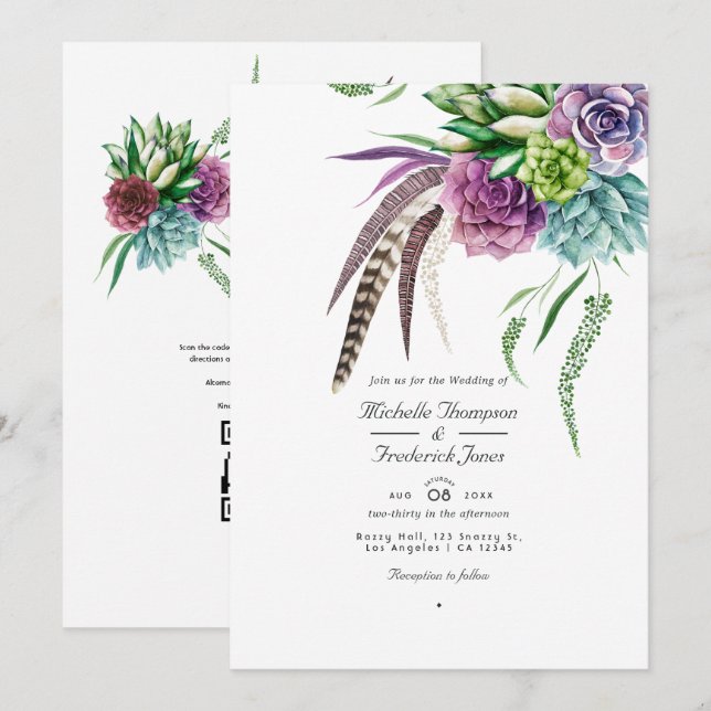 Convites Código QR de Suculenta Mística RSVP Casamento Boêm (Frente/Verso)