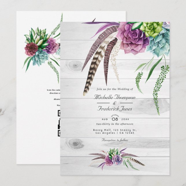 Convites Código QR de Suculentas em Aquarela Casamento Boêm (Frente/Verso)
