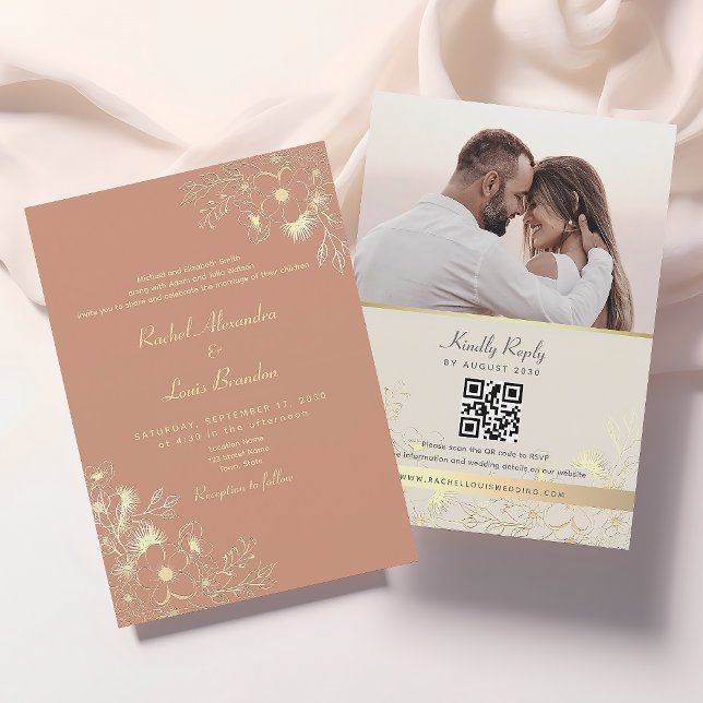 Convites Código QR de Terracota Floral para Casamento (Criador carregado)