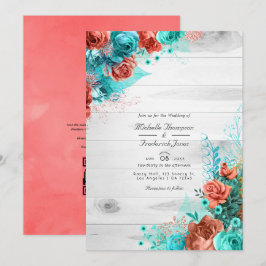 Convites Código QR de Turquesa e Coral Floral RSVP Casament