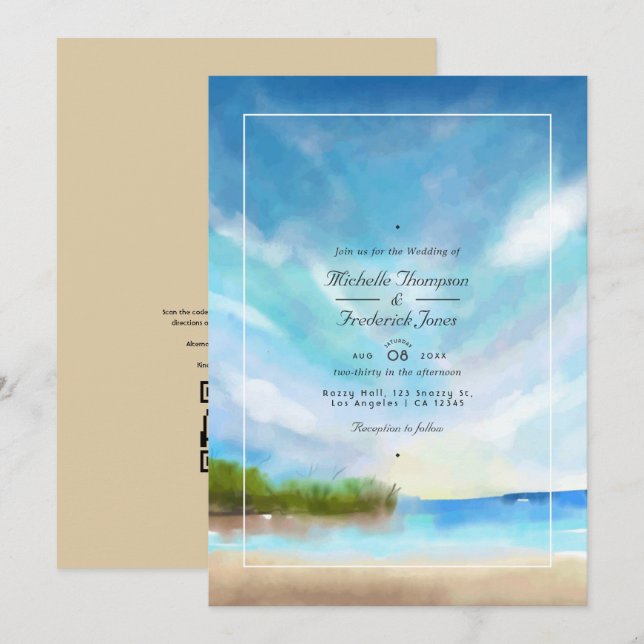 Convites Código QR de Verão em Aquarela para Casamento na P (Frente/Verso)