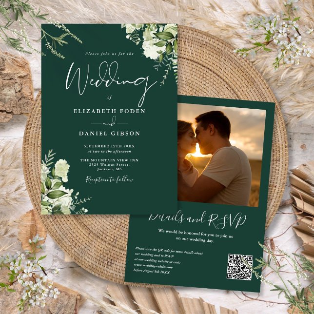Convites Código QR de Verdejaria Foto Casamento Verde Esmer (Greenery QR Code Photo Emerald Green Wedding Invitation)