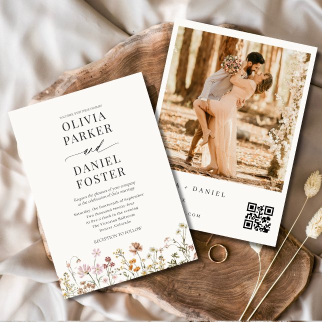 Convites Código QR de Wildflower Foto Boho Casamento Minima (Criador carregado)