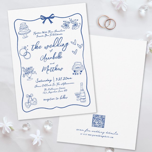 Convites Código QR Desenhado à Mão Azul Casamento Caprichos (Hand Drawn QR Code Blue Whimsical Wedding Invitation)