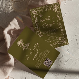 Convites Código QR Desenhado à Mão Campos Florais Casamento