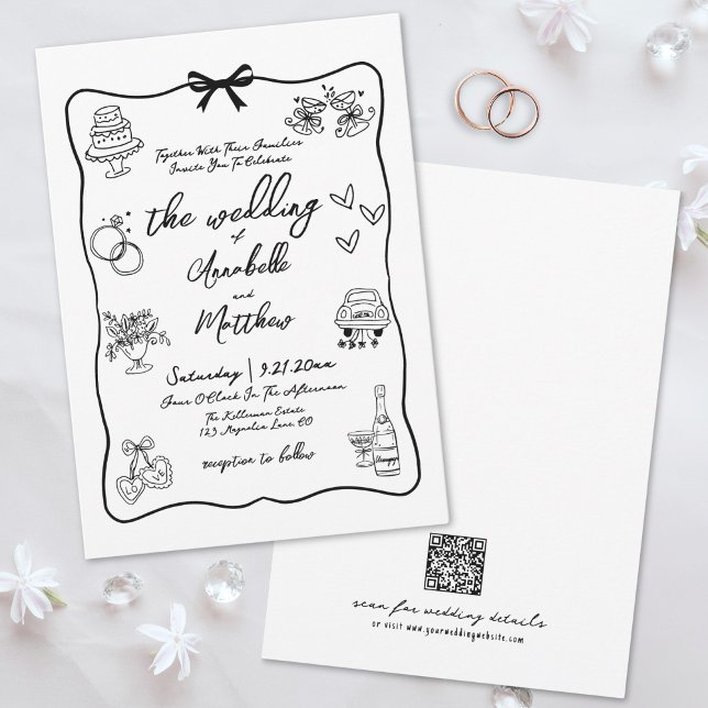 Convites Código QR Desenhado à Mão Casamento Caprichoso (Hand Drawn QR Code Whimsical Wedding Invitation )