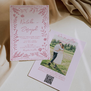 Convites Código QR Desenhado à Mão Jardim Floral Foto Casam