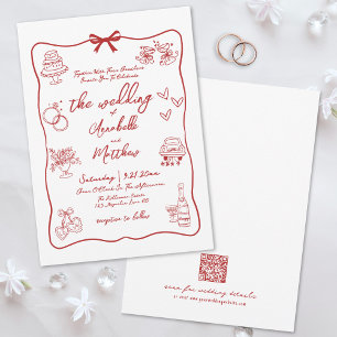 Convites Código QR Desenhado à Mão Vermelho Casamento Capri