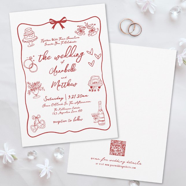 Convites Código QR Desenhado à Mão Vermelho Casamento Capri (Hand Drawn QR Code Red Whimsical Wedding Invitation)