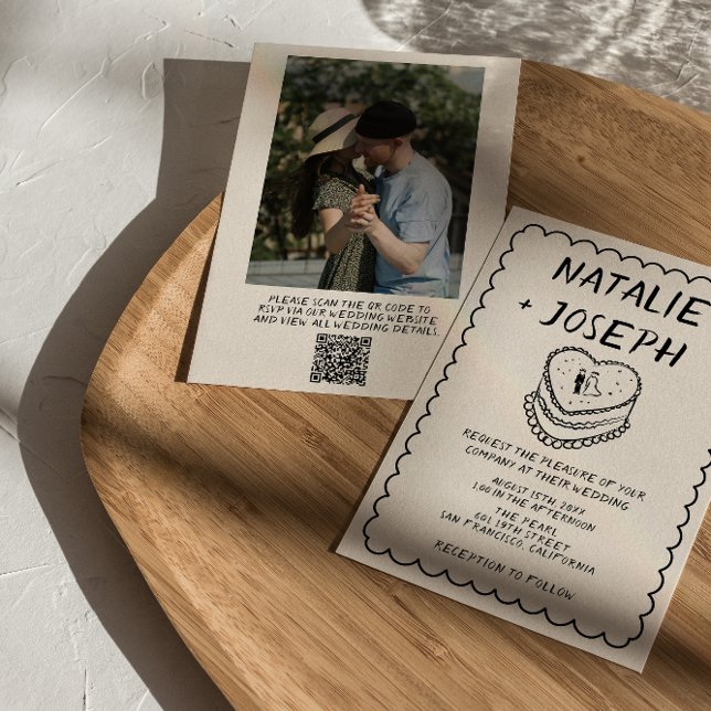 Convites Código QR Desenho à Mão Bolo Foto Casamento (Criador carregado)