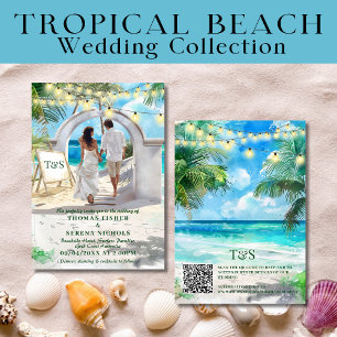 Convites Código QR Destino de Casamento de Praia Tropical