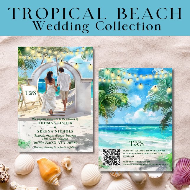 Convites Código QR Destino de Casamento de Praia Tropical (Criador carregado)