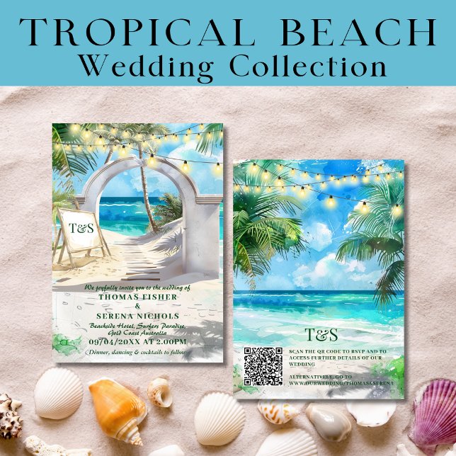 Convites Código QR Destino de Casamento de Praia Tropical (Criador carregado)