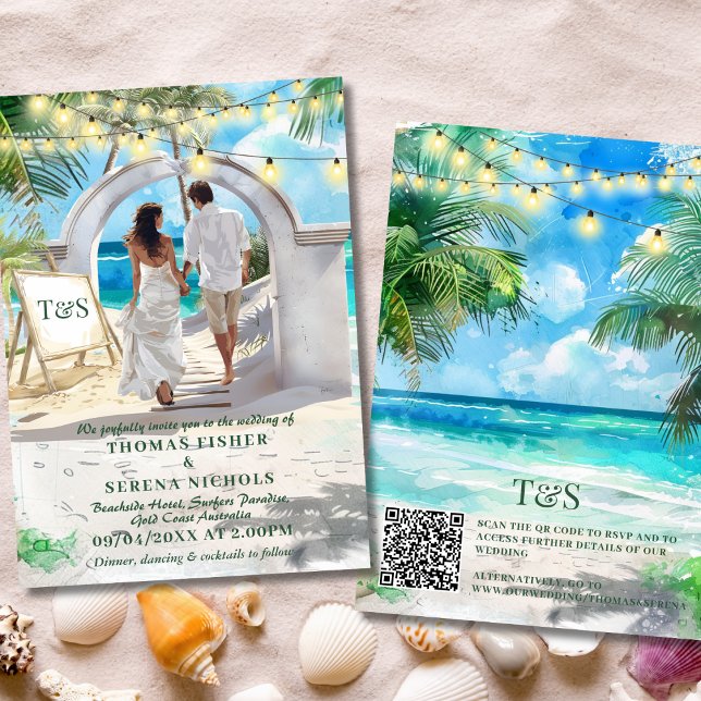 Convites Código QR Destino de Casamento de Praia Tropical (Criador carregado)