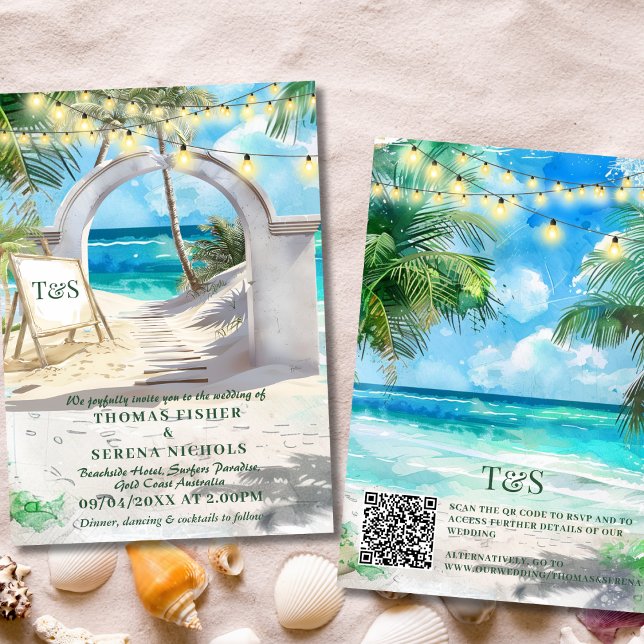 Convites Código QR Destino de Casamento de Praia Tropical (Criador carregado)