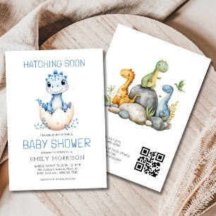 Convites Código QR Dinossauro Azul Incêndio Chá de fraldas