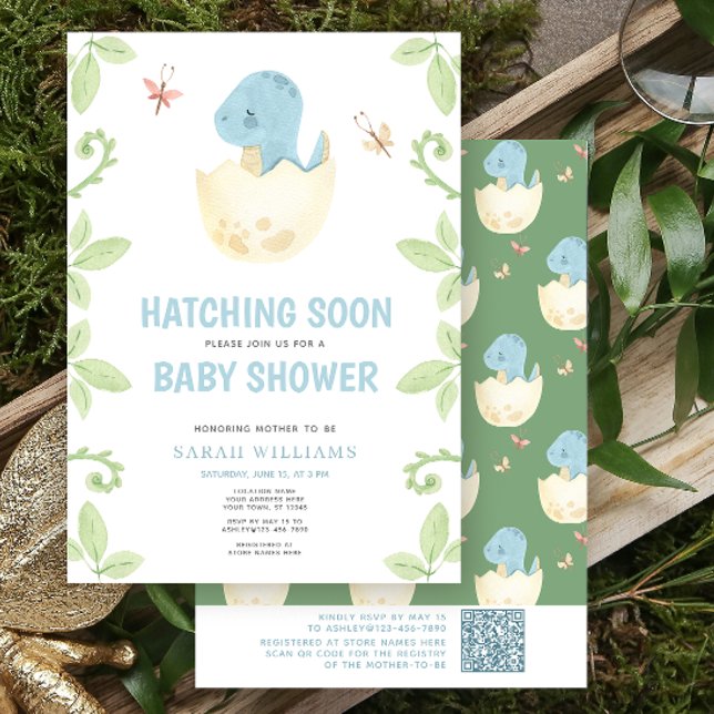 Convites Código QR - Dinossauro Cortado Hatching Logo Chá d (Get ready for a Jurassic celebration with our adorable dinosaur baby shower invitations! 🦕)