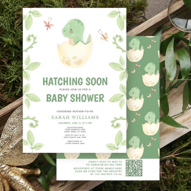 Convites Código QR - Dinossauro Cortado Hatching Logo Chá d (Get ready for a Jurassic celebration with our adorable dinosaur baby shower invitations! 🦕)