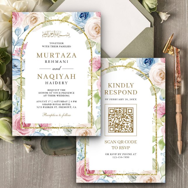 Convites Código QR do Arco Dourado Floral Suave Casamento M (Criador carregado)
