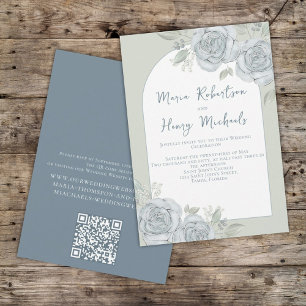 Convites Código QR do Arco Floral Azul Dusty com Aquarela E