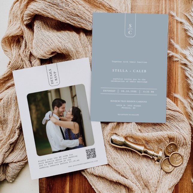 Convites Código QR do Arco Geométrico Mínimo Azul Moderno (Criador carregado)