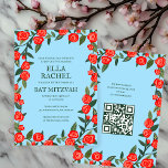 Convites Código QR do Bar de Bat Mitzvah do Rosa vermelha C<br><div class="desc">Cartão perfeito para anunciar um morcego mitzvah, bar mitzvah ou outra celebração judaica! Mão fez arte para você! TOTALMENTE PERSONALIZÁVEL! Clique em "Personalizar" acima para editar o texto e adicionar seu link ao código QR. Clique em "editar usando a ferramenta design" para ajustar as fontes, as cores e os posicionamentos...</div>