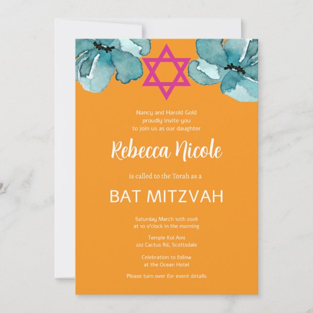 Convites Código QR do Bat Mitzvah Rosa (Frente)