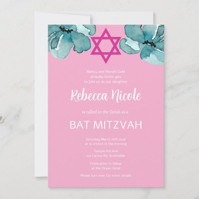 Convites Código QR do Bat Mitzvah Rosa (Frente)
