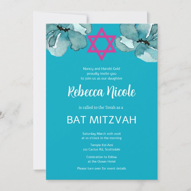 Convites Código QR do Bat Mitzvah Rosa (Frente)