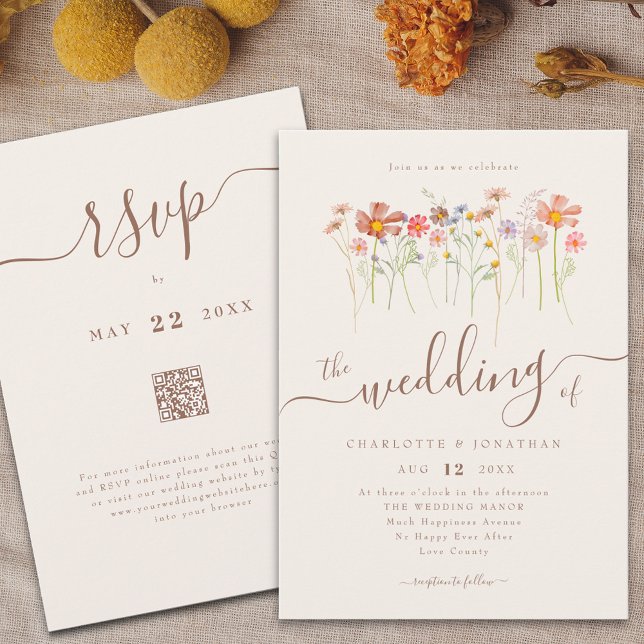 Convites Código QR do bege Floral de Prado (WILDFLOWER MEADOW BOHO FLORAL BEIGE WEDDING QR CODE INVITATION WATERCOLOR AUTUMN FLOWERS FALL COLORS)