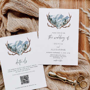 Convites Código QR do Casamento de Montanha Rustic Antlers