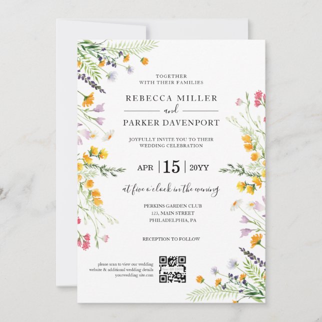 Convites Código QR do Casamento moderno de Flores Selvagens (Frente)