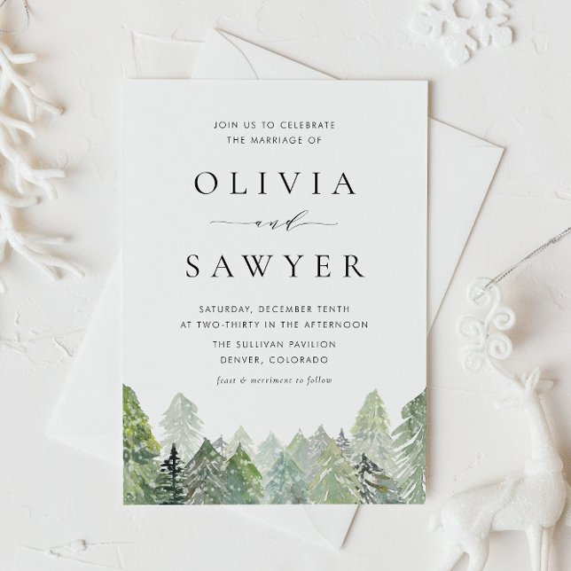 Convites Código QR do Casamento no inverno Evergreen Snowy  (QR code winter wedding invitation featuring watercolor evergreens and falling snow.)