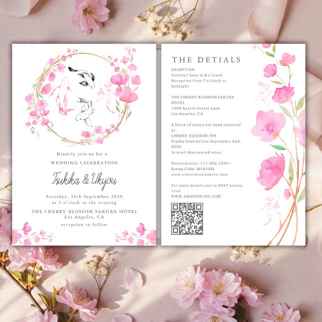 Convites Código QR do Casamento Tudo em Um com Peixe Koi e  (Criador carregado)