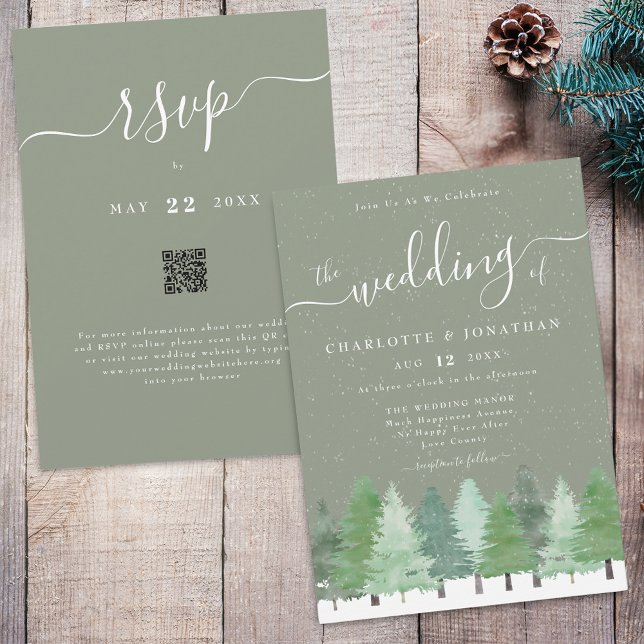 Convites Código QR do Casamento Verde da Floresta de invern (Winter Woodland forest watercolor sage green and white wedding qr code invitation Elegant script)