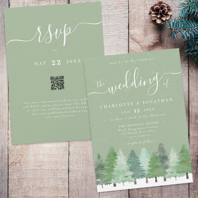 Convites Código QR do Casamento Verde da Floresta de invern (Winter Woodland forest watercolor sage green and white wedding qr code invitation)