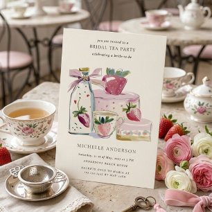 Convites Código QR do Chá da Noiva Blush Strawberry Tea Par
