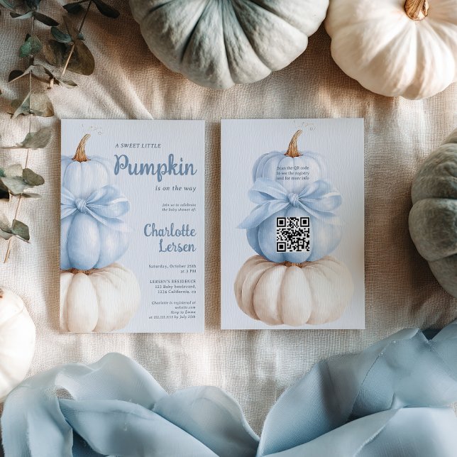 Convites Código QR do Chá de fraldas Pequeno Pumpkin Arco A (Blue Bow Little Pumpkin Boy Baby Shower QR Code Invitation)