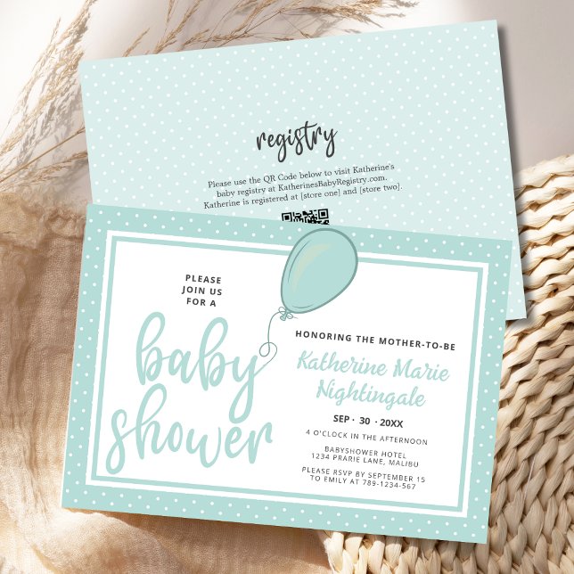 Convites Código QR do Chá de fraldas Verde Pastel Neutro pa (Baby Shower Gender Neutral BOHO Pastel Green Polka Dot Invitation with Balloon, Script Calligraphy.)