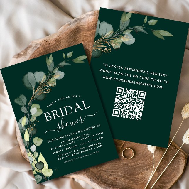 Convites Código QR do chá de panela Emerald Green Eucalyptu (Criador carregado)