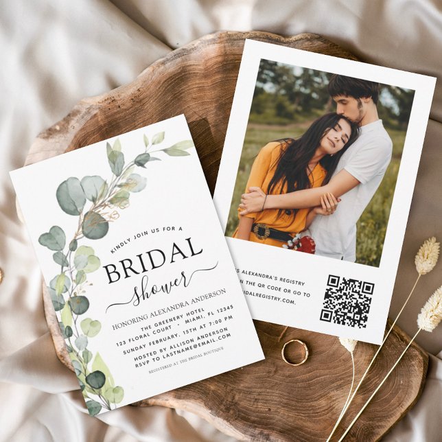 Convites Código QR do chá de panela Foto Eucalyptus (Criador carregado)
