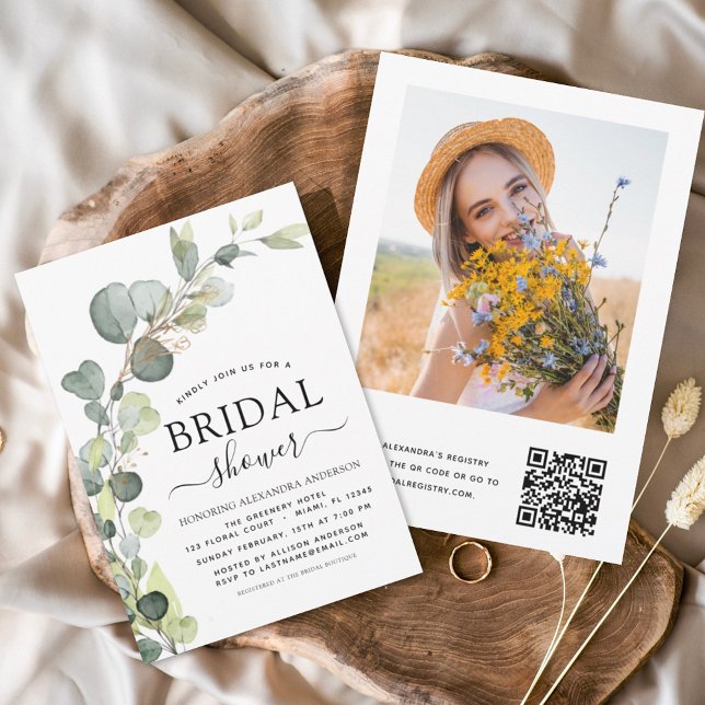 Convites Código QR do chá de panela Foto Eucalyptus (Criador carregado)