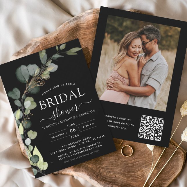 Convites Código QR do Chá de panela preto - Foto Eucalyptus (Criador carregado)