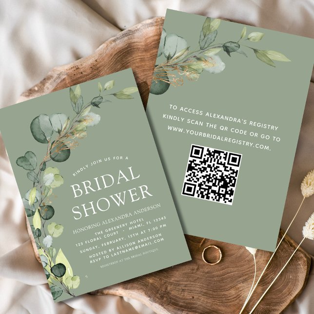 Convites Código QR do Chá de panela Verde Sage Eucalyptus (Criador carregado)