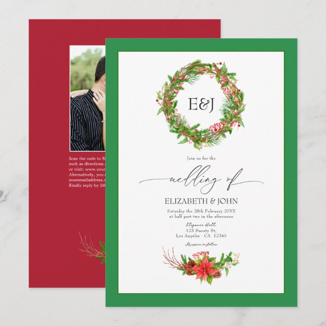 Convites Código QR do Charme de Natal com Poinsettia e Pinh (Frente/Verso)