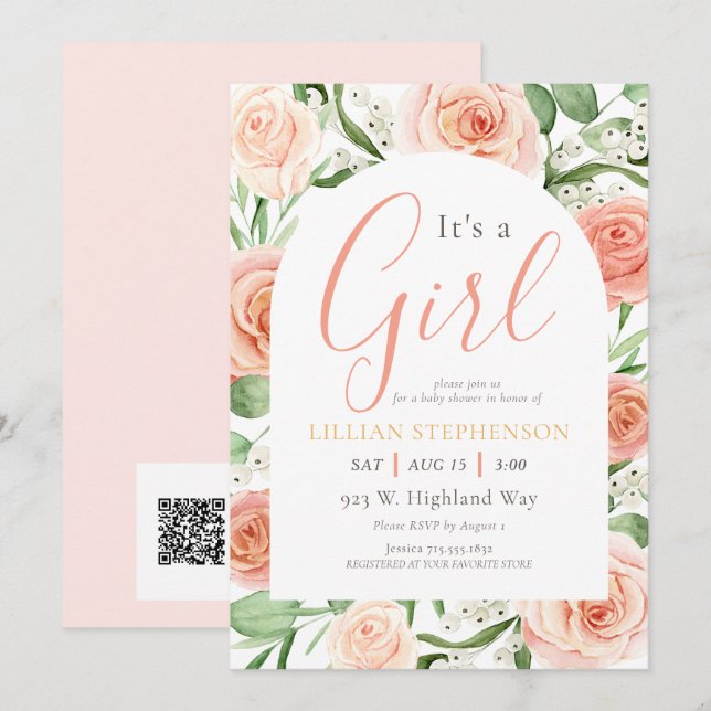 Convites Código QR do Chuveiro de Bebê Rosa Floral É uma Me (Frente/Verso)